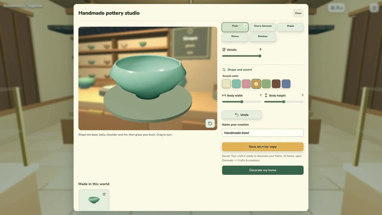 Current Somewhere Together pottery interface with a shaped bowl, glaze choices, proportion controls, undo, and save