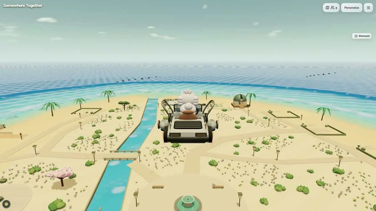 October 19, 2026 staged local gameplay: a flying car above the current Somewhere Together island, waterways, and coastline
