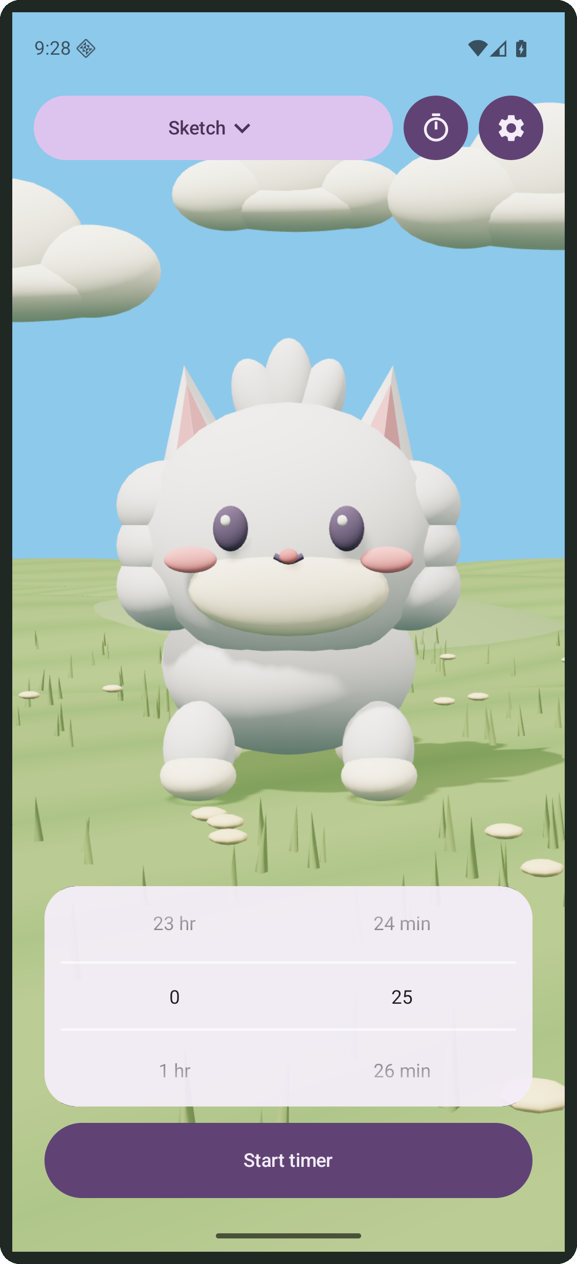 Tuft Timer on Android: The saved Sketch timer is set to 25 minutes; real source Tuft sits in the Meadow.