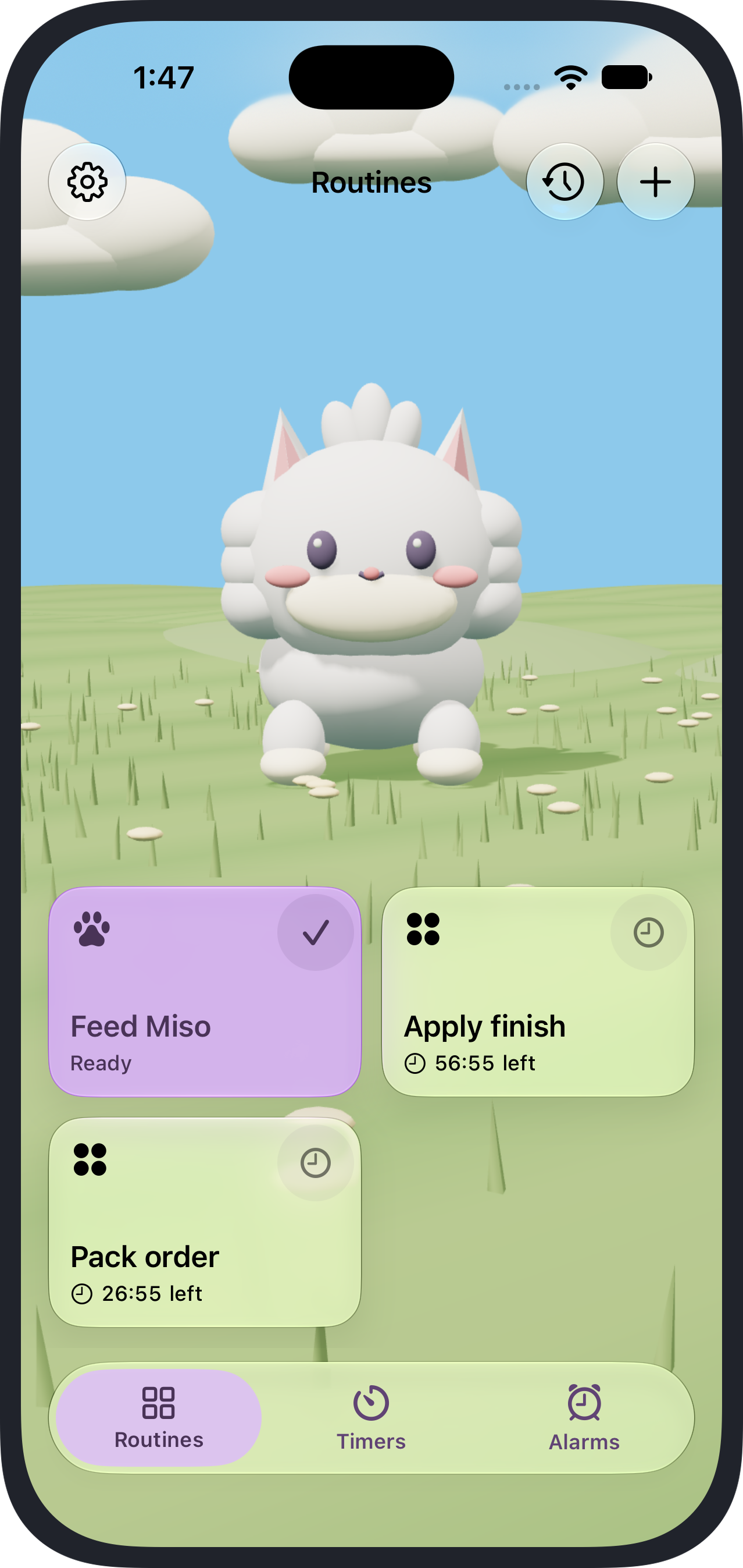 Tuft Timer iPhone Release 36: A ready pet-care action beside maker repeat and dependency waits, with Routines, Timers and Alarms navigation.