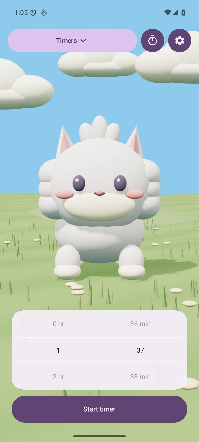 Tuft Cat in a sunny meadow above the duration picker and Start timer button in an Android development build