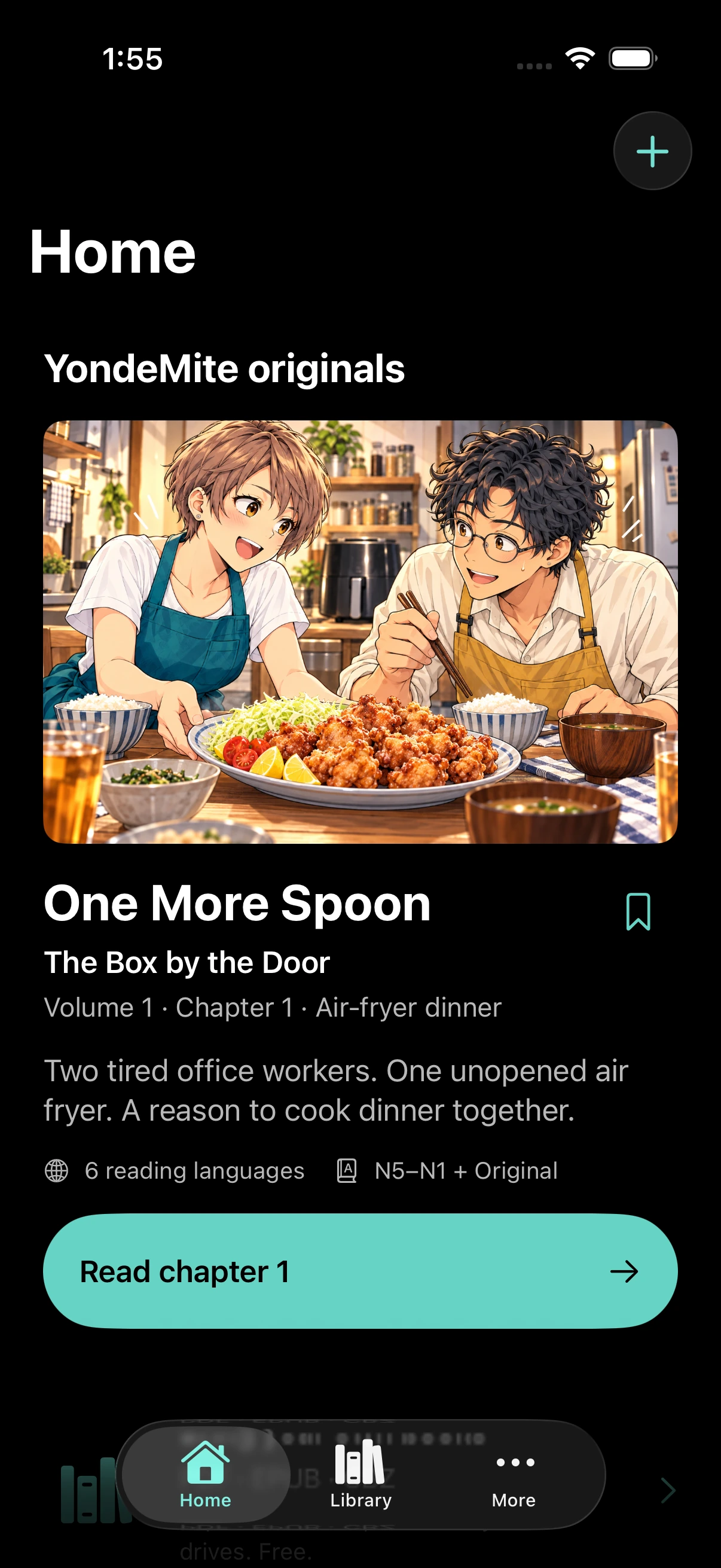 Complete YondeMite phone Home screen, including original manga discovery, reading languages, Read chapter action and Home, Library and More navigation