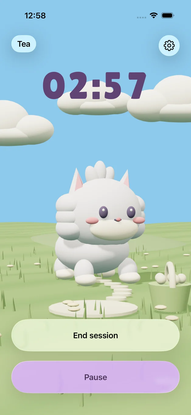 A real Tuft Timer development screen: a timer named Tea shows 02:57 remaining above Tuft in a meadow, with End session and Pause controls below.