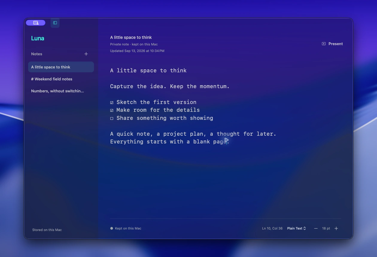 Luna’s translucent notes window over a blue desktop, with a notes shelf and a sample checklist.