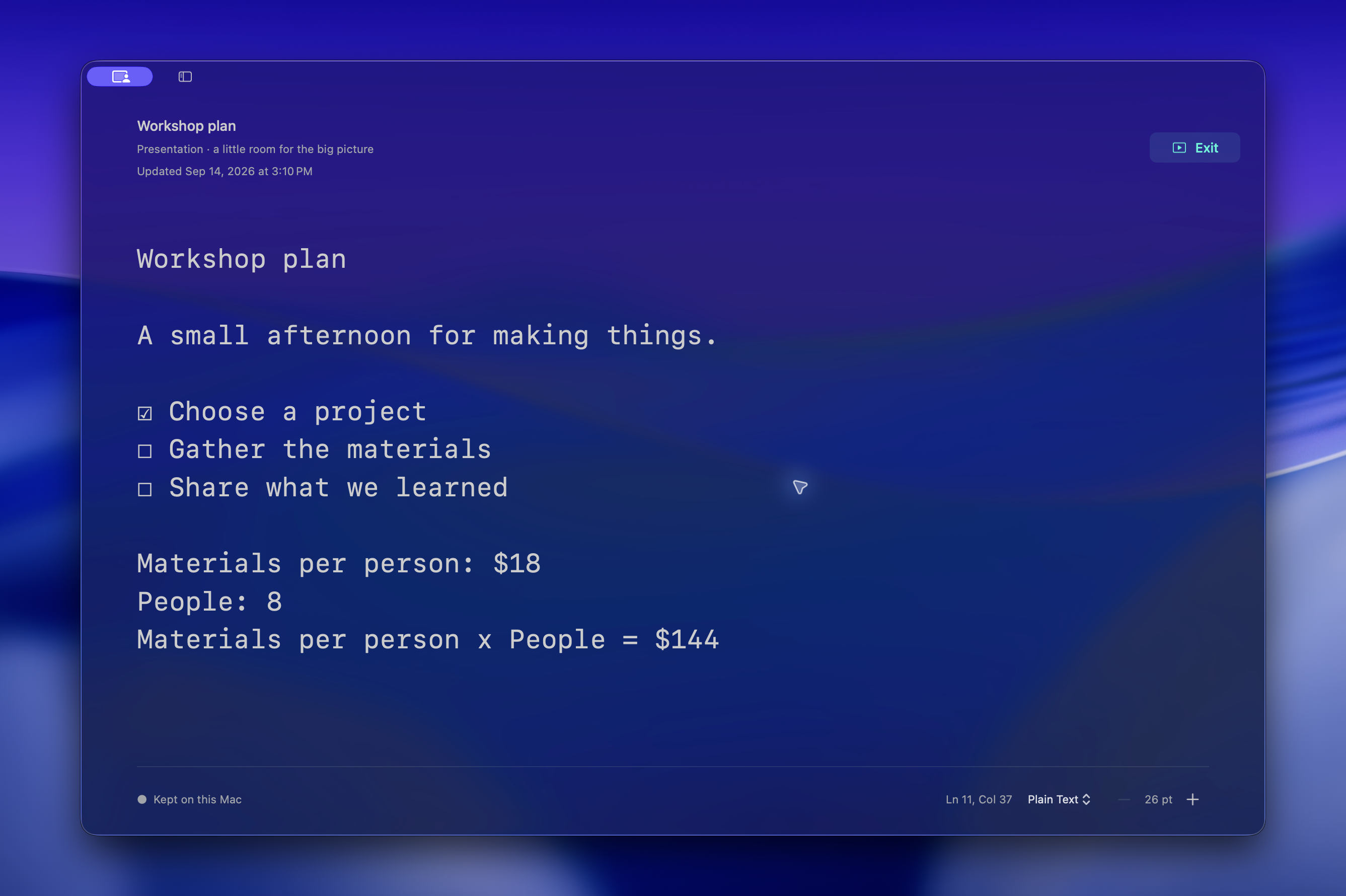Luna presentation view showing a workshop plan and $144 calculation with larger text and no notes shelf.