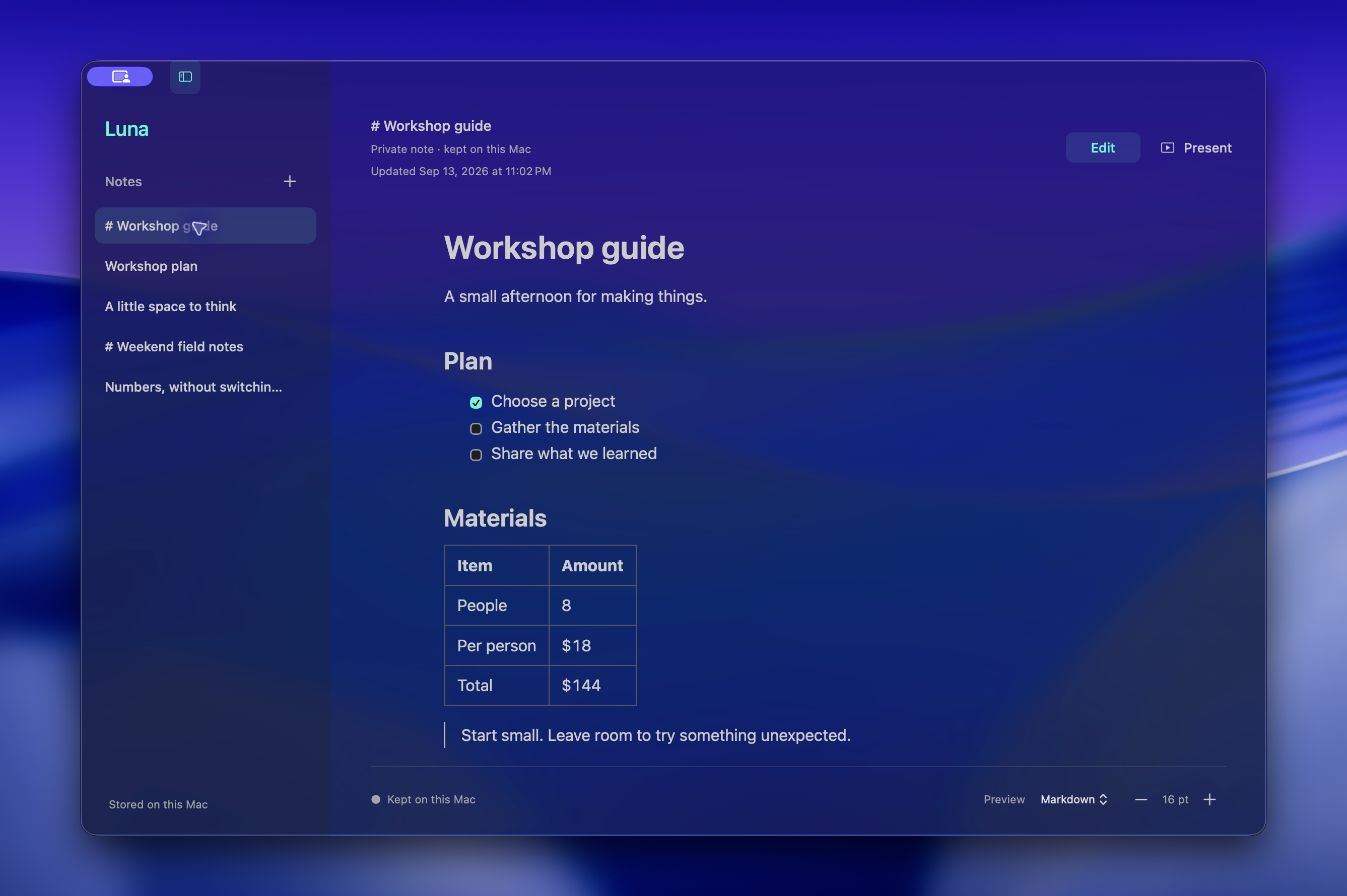 A formatted workshop guide with a checklist, a materials table totaling $144, and a short quotation.
