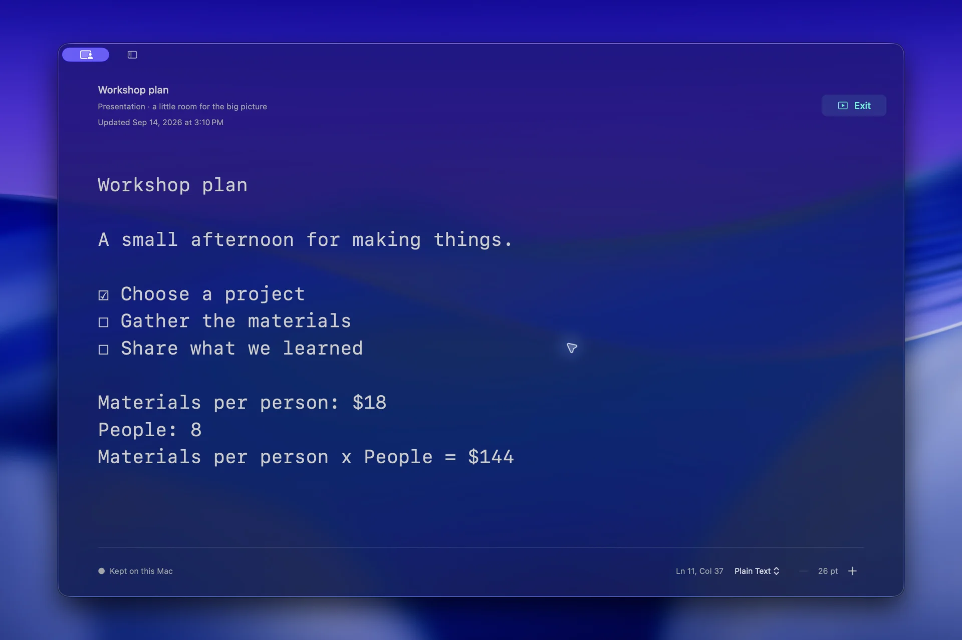 Luna presentation view showing a workshop plan and $144 calculation with larger text and no notes shelf.