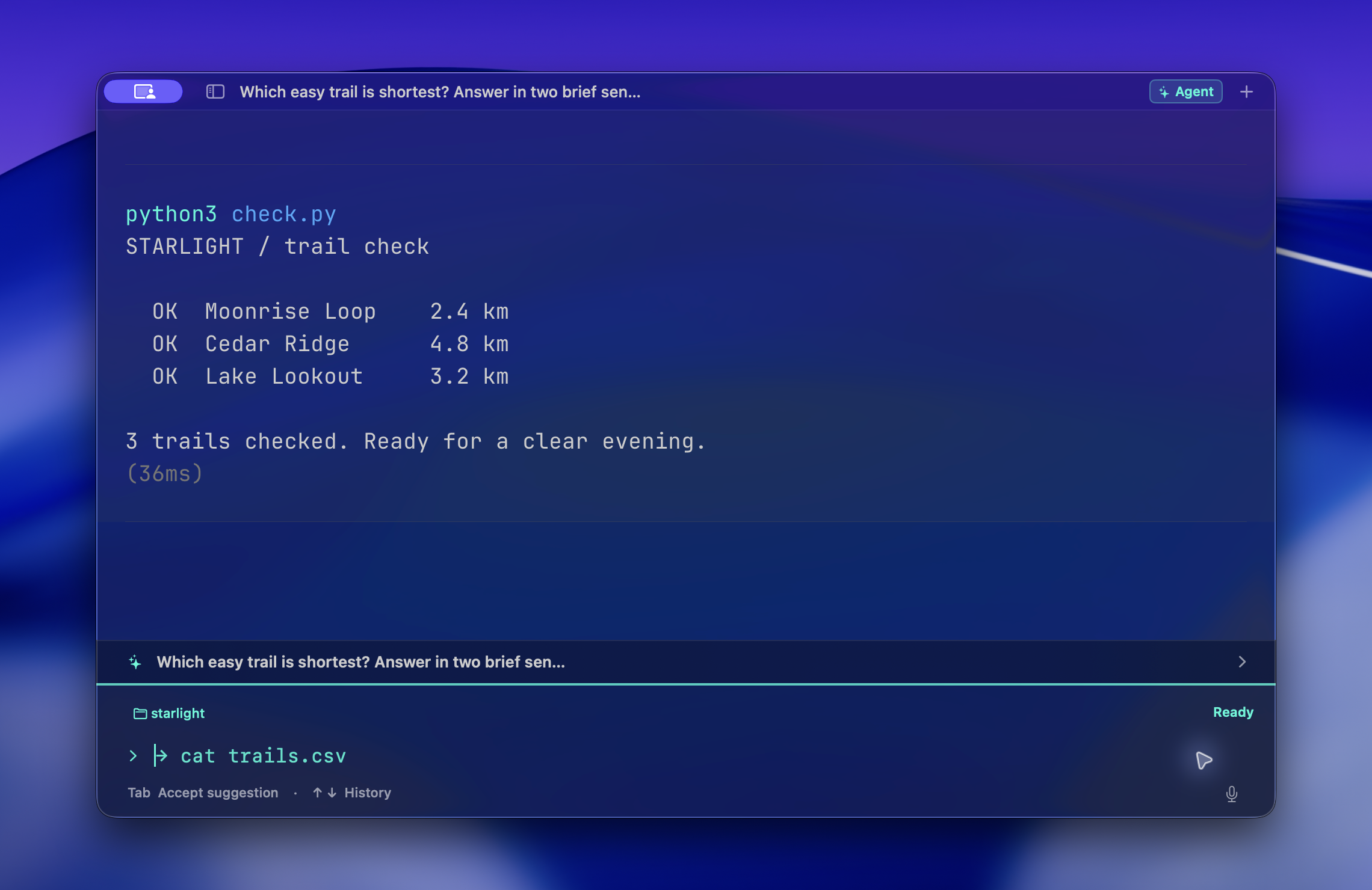 Sora’s translucent terminal over a blue desktop shows fictional trail data, a local command suggestion, and a bar for reopening Agent.
