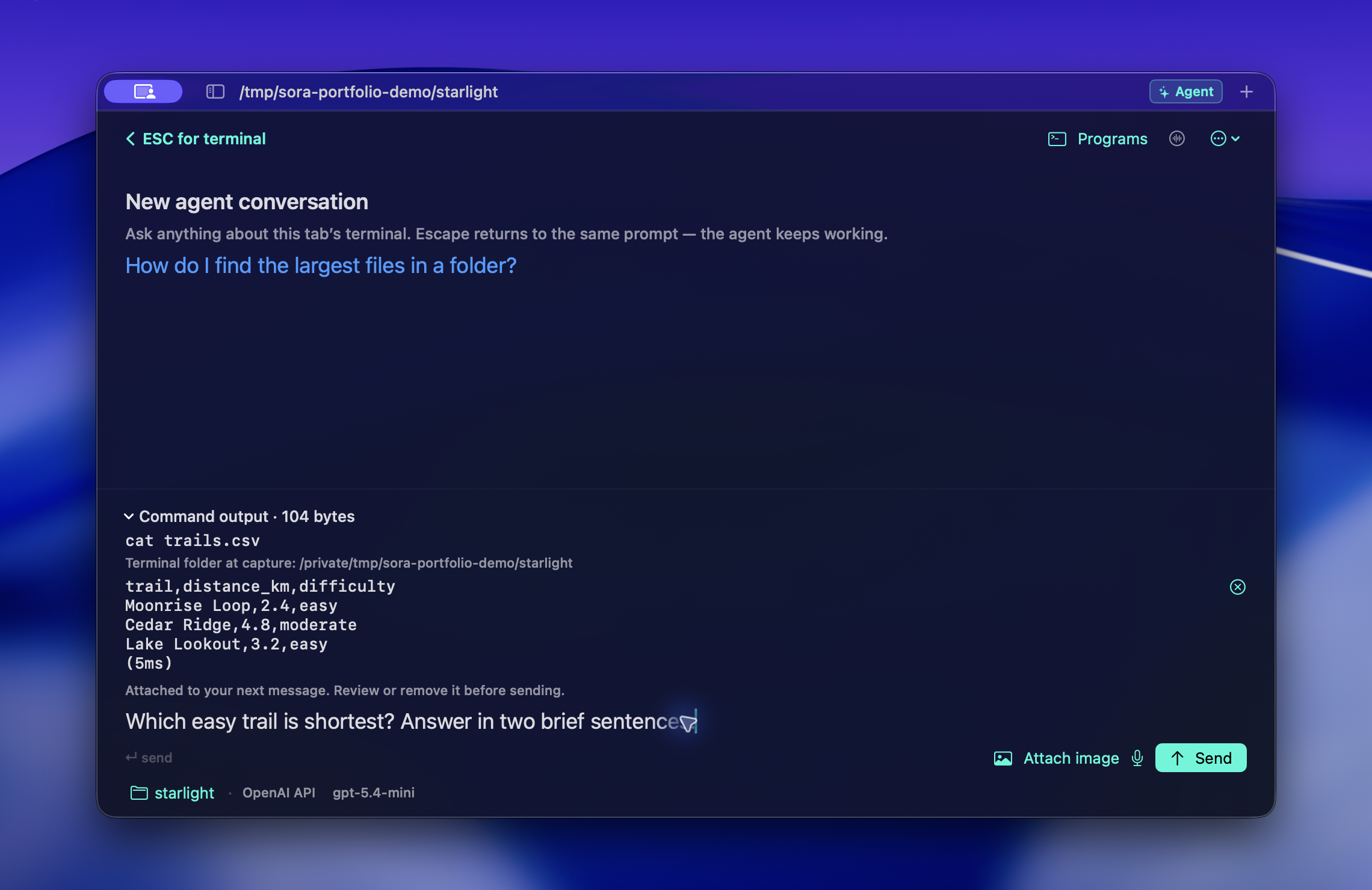 An expanded attachment shows fictional trail data beside an unsent question inside Sora’s Agent view.
